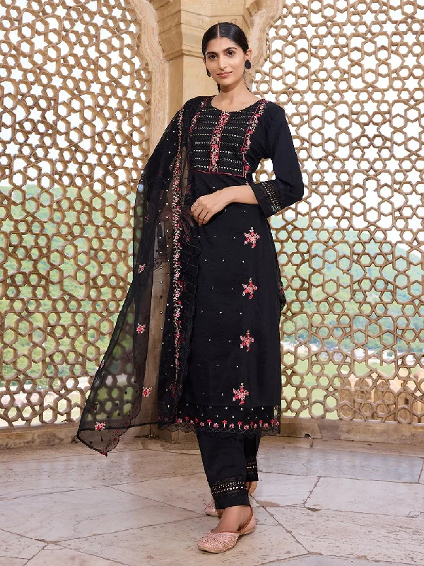 Black Silk Blend Solid Embroidered Straight Kurta Trouser With Dupatta Trousers Satin Smooth