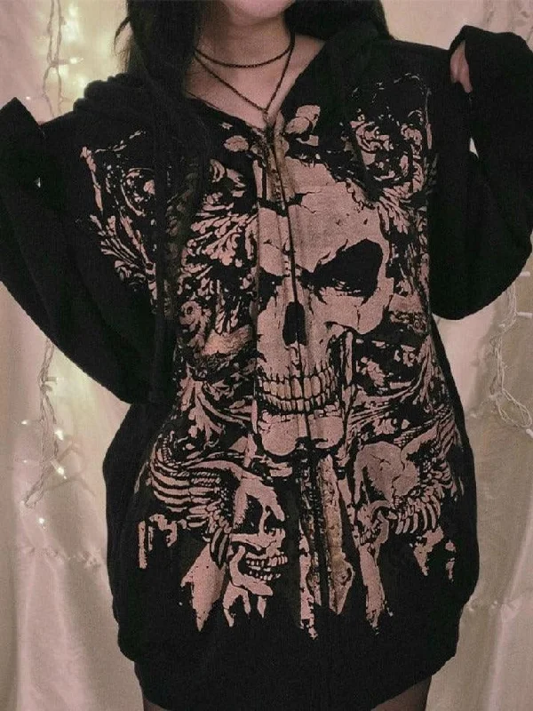 Skull Print Zip Up Oversized Hoodie Hoodie with Longline Fit Extended Stylish