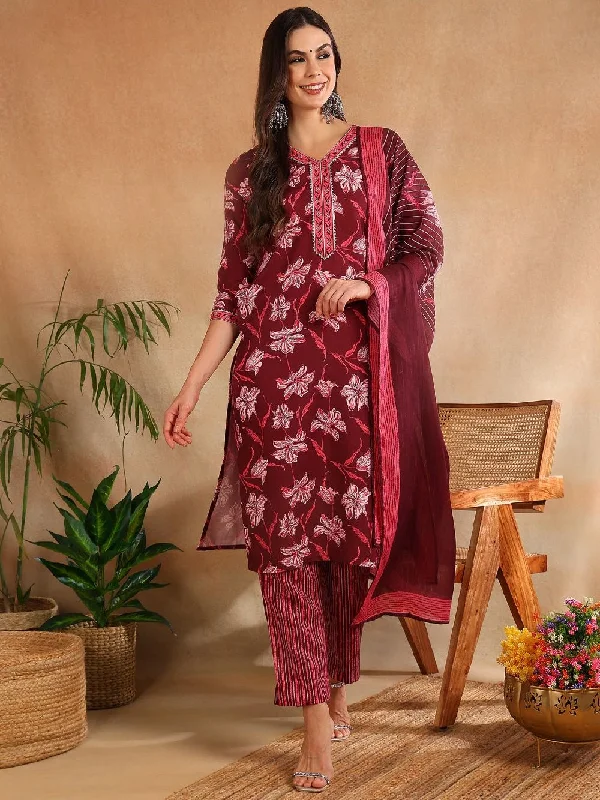 Maroon Rayon Blend Floral Printed Straight Kurta Trouser With Dupatta Trousers Yoga Stretchy