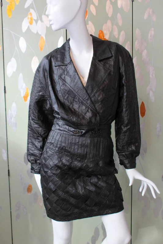 Vintage 1980s Black Silk Skirt and Jacket Set, Small Front Pockets Side Pockets Patch Pockets