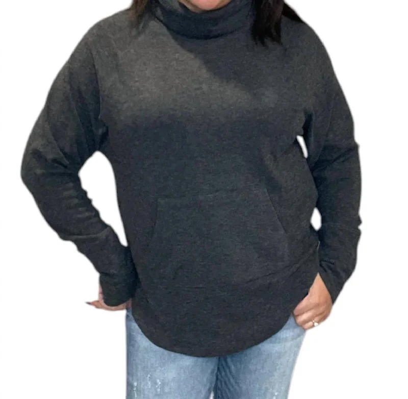 Funnel Neck Front Pocket Pullover Top In Black Cap Sleeve Casual