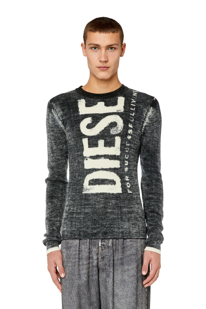 Wool jumper with bleeding-effect logo Ribbed Striped Patterned