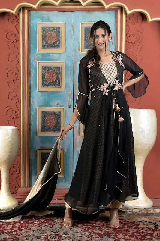 Black Embroidered Georgette Stitched Trouser Kurta With Dupatta Trousers Harem Relaxed Fit