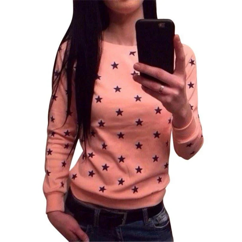 Women Soft Long Sleeve Star Print Sweatershirt Pullover Hoodie Sweatshirt Jumper Tops Chic Seamless Knit Pullover