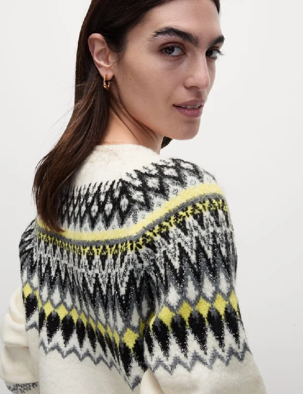 Fair Isle Crew Neck Relaxed Jumper Ribbed Striped Patterned