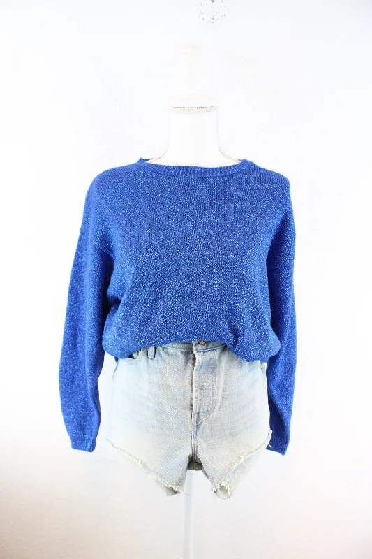 Vintage Blue Glitter Pullover (M) Tight Sleeve Top