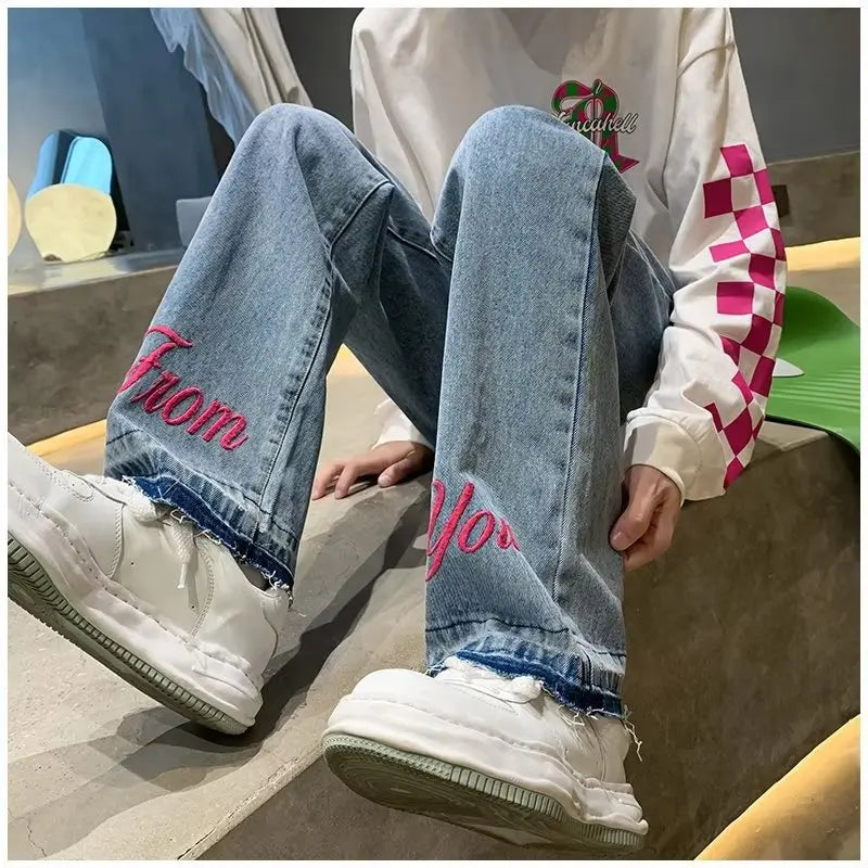 Advbridge Vintage Washed Jeans Streetwear High Waisted Embroidered Blue Y2k Fashion Trouser For Women Summer Korean Style Denim Long Pants Trousers Plaid Checkered