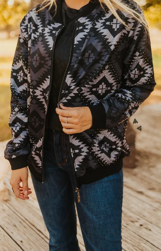 Black Aztec Zip Up Jacket Front Pockets Side Pockets Patch Pockets