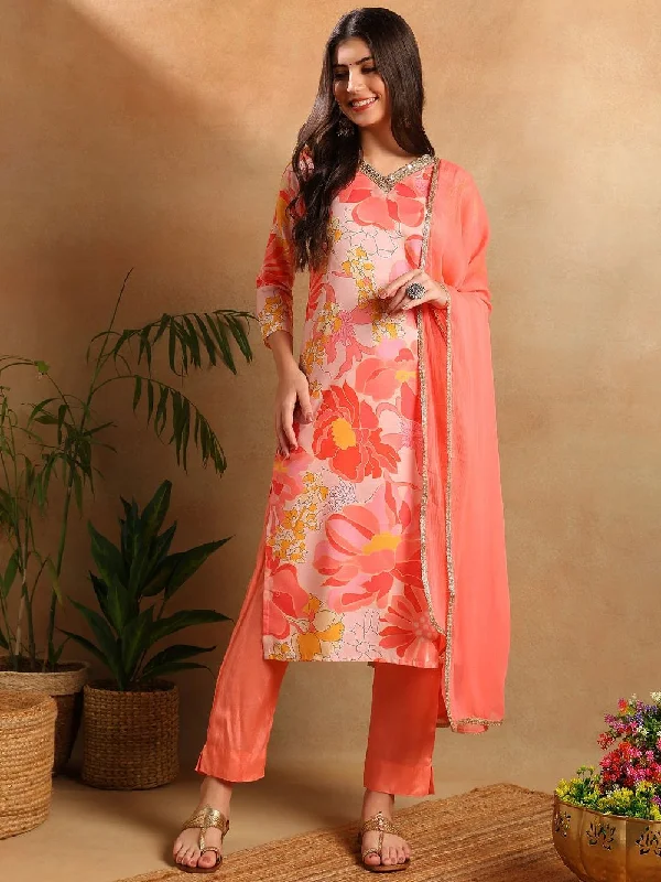 Peach Rayon Blend Floral Printed Straight Kurta Trousers With Dupatta Cropped Trousers Casual Linen