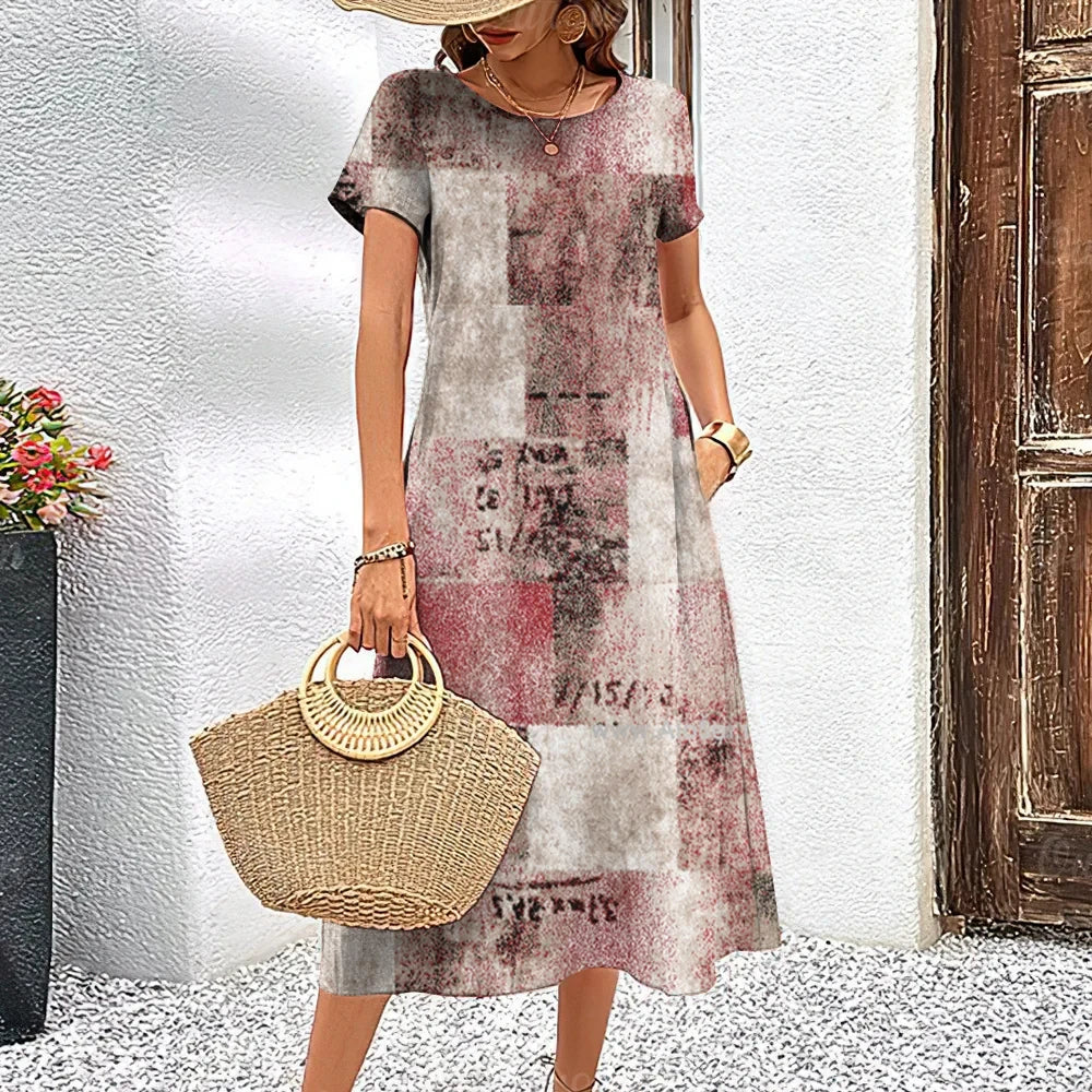 Summer Short Sleeves Dresses Women Dress Loose Classy A-Line Skirt Retro Patchwork Woman Clothing Casual Round Collar Pullover Ruffled Neck Pullover Summer Short Sleeves Dresses Women Dress Loose Classy A-Line Skirt Retro Patchwork Woman Clothing Casual Round Collar Pullover Ruffled Neck Pullover