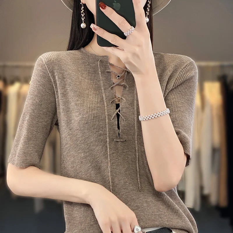 Spring Summer Women 100% Wool Elastic Flexible Sweater Round Collar Half Sleeve Drawstring Design Knit Pullover Bottoming Tops Deep Neck Pullover Spring Summer Women 100% Wool Elastic Flexible Sweater Round Collar Half Sleeve Drawstring Design Knit Pullover Bottoming Tops Deep Neck Pullover