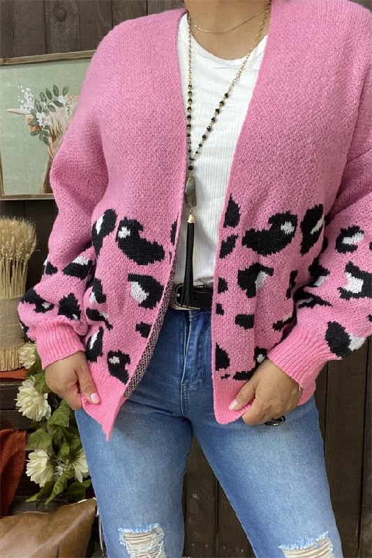 MY15400 Black&White leopard printed pink solid color long sleeve w/tighten cuff women sweater/cardigan Ribbed Striped Patterned MY15400 Black&White leopard printed pink solid color long sleeve w/tighten cuff women sweater/cardigan Ribbed Striped Patterned