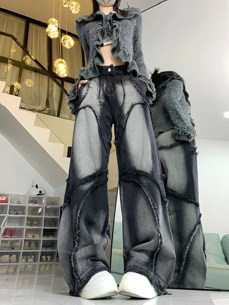 Advbridge Grunge Y2k Cargo Jeans Women Streetwear Wide Leg Hip-hop Black Aesthetic Patchwork Jeans Baggy Vintage Denim Trousers Trousers cozy soft