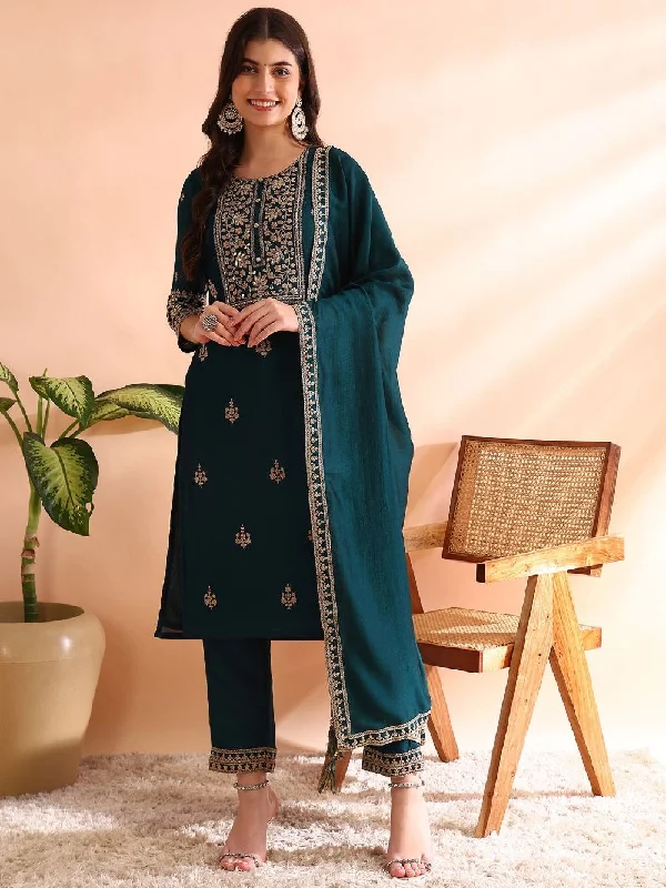 Teal Silk Blend Solid Embroidered Straight Kurta Trousers With Dupatta Trousers Designer Luxury