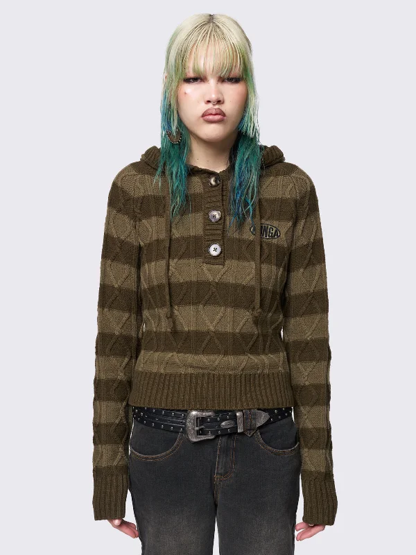 Olive Striped Knitted Hoodie Hoodie with Pastel Soft Subtle