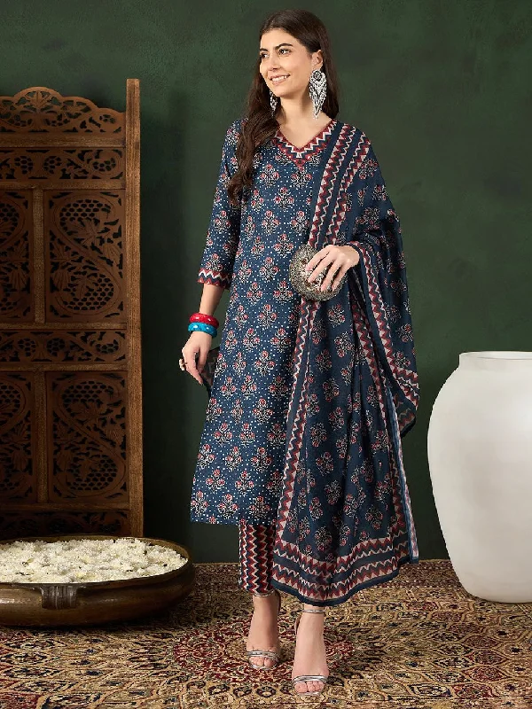 Navy Blue Rayon Blend Floral Printed Straight Kurta Trouser With Dupatta Trousers Fleece Cozy