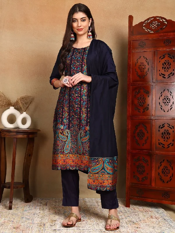 Navy Blue Chanderi Woven Design Straight Kurta Trouser With Dupatta Trousers fashionable chic