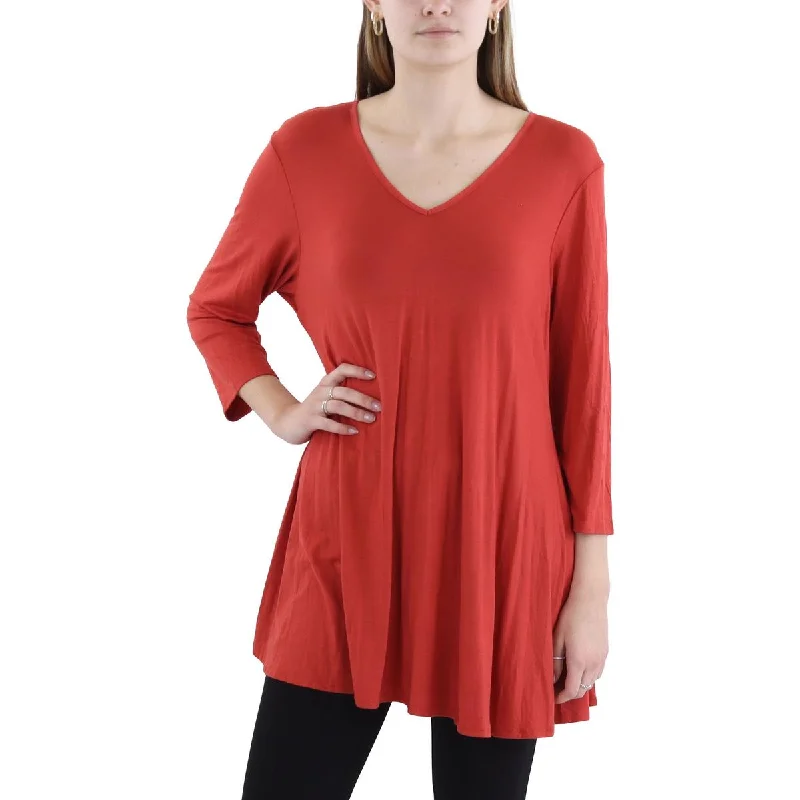 Plus Womens V-Neck Work Day Wear Pullover Top Short Puff Sleeve