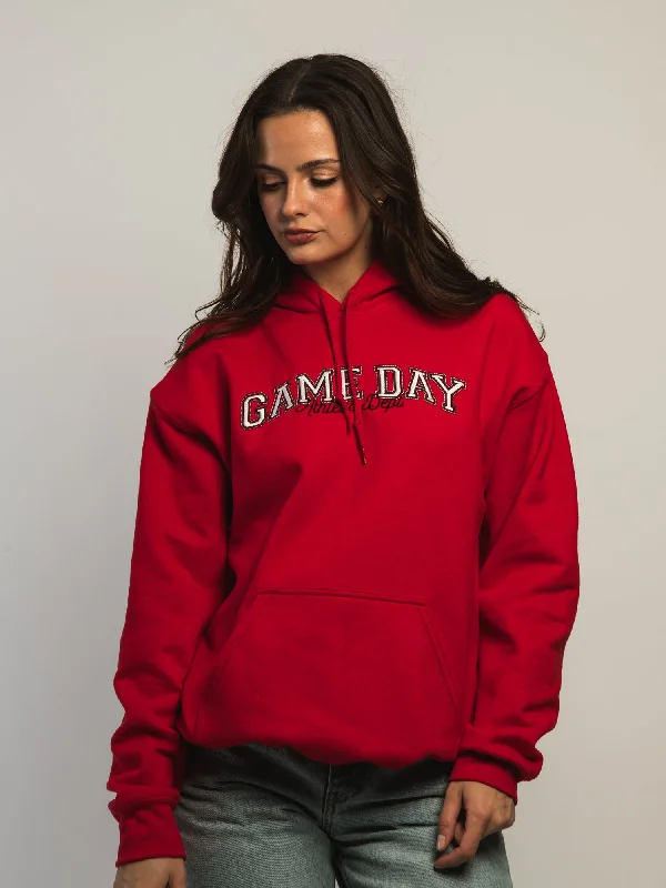 VERBAGE GAME DAY PULLOVER HOODIE - RED Plunging Neck Pullover