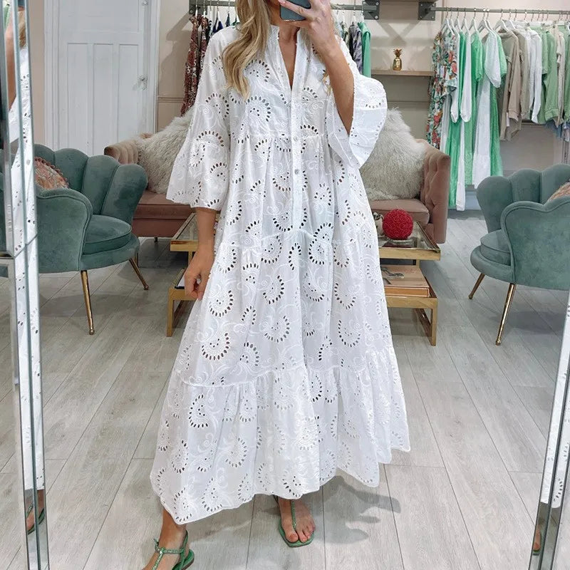 Sexy Hollow out Party Flare Sleeve Long Dress for Women Solid Color Loose V-neck Chic Dresses Pullover Casual Elegant Vestidos Scalloped Neck Pullover Sexy Hollow out Party Flare Sleeve Long Dress for Women Solid Color Loose V-neck Chic Dresses Pullover Casual Elegant Vestidos Scalloped Neck Pullover