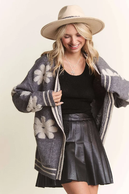 Button Down Floral Cardigan with Pockets - Gray Jersey Fabric Tulle Fabric Batik Fabric Button Down Floral Cardigan with Pockets - Gray Jersey Fabric Tulle Fabric Batik Fabric