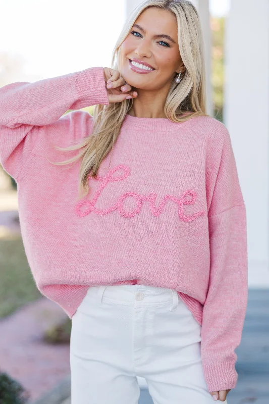 With Love Pink Script Sweater Mesh Sweater Canvas Denim