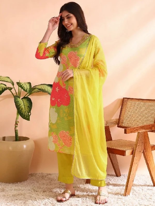 Yellow Rayon Blend Floral Printed Straight Kurta Trousers With Dupatta Trousers Spring Floral