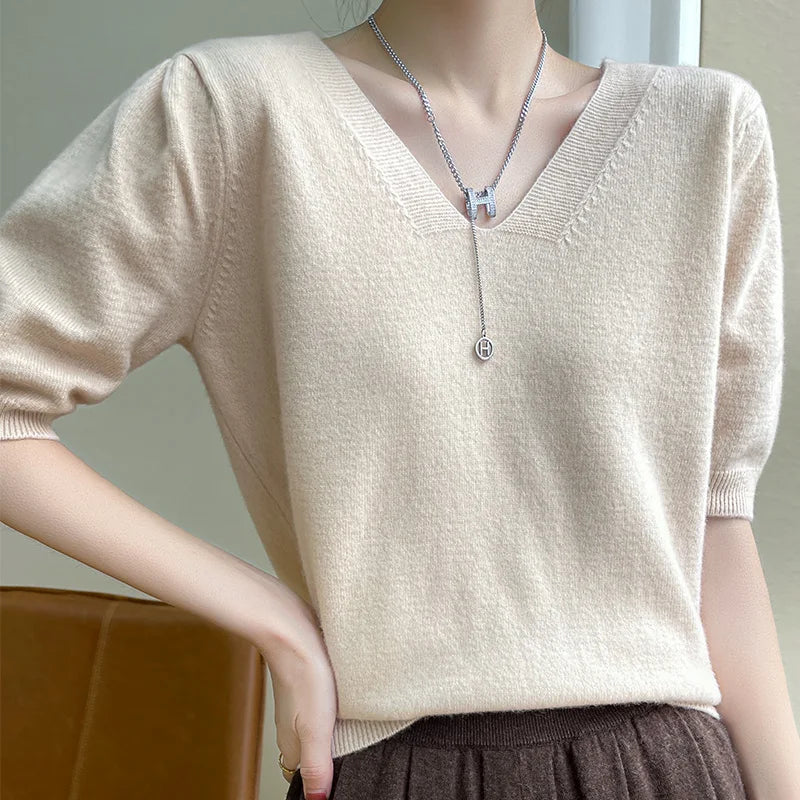 2022Spring Sweater 100%Wool Short Sleeve Women New T-Shirt Double V-Neck Pullovers Thin Vest Loose Cashmere Knit Tops Base Shirt Honey Neck Pullover 2022Spring Sweater 100%Wool Short Sleeve Women New T-Shirt Double V-Neck Pullovers Thin Vest Loose Cashmere Knit Tops Base Shirt Honey Neck Pullover