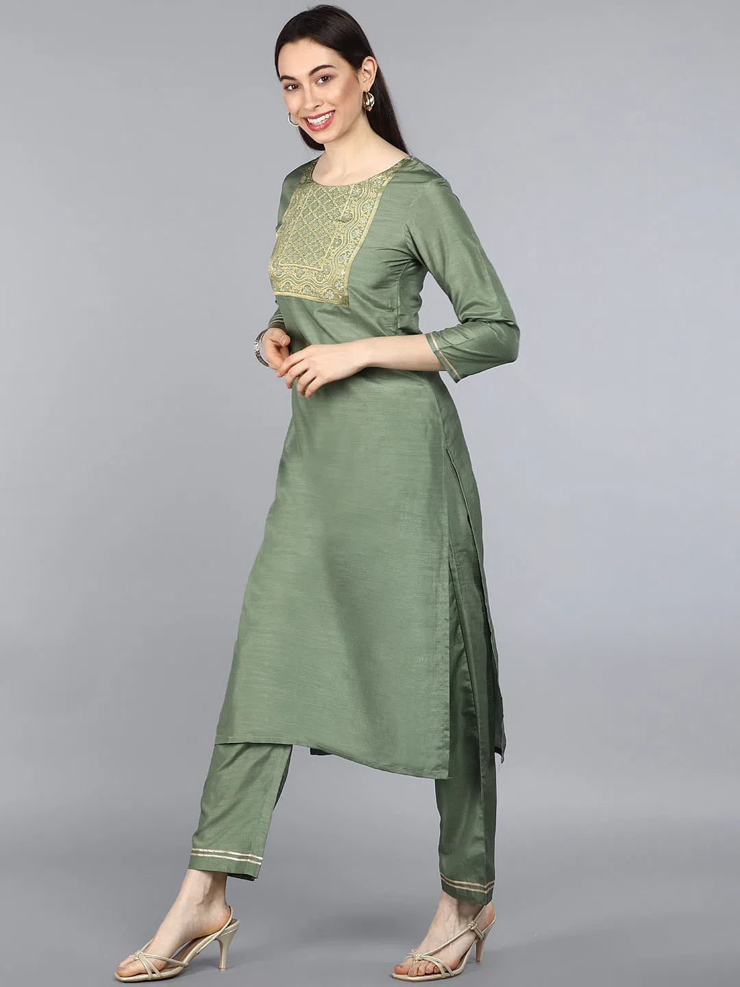 Ahika Women Green Kurta With Trousers With Dupatta Trousers Chinos Classic