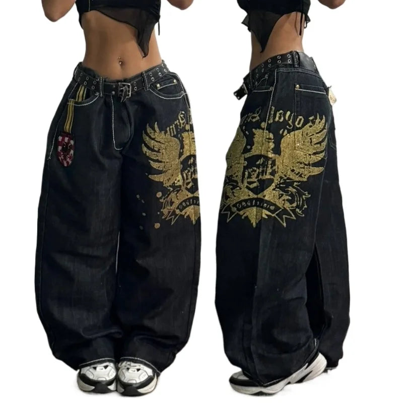 Advbridge Y2K baggy Jeans Womens New Harajuku Hip Hop Wing Embroidery Oversized Jeans Gothic High Waist Wide Leg Pants Trousers Streetwear Trousers Fall Fleece