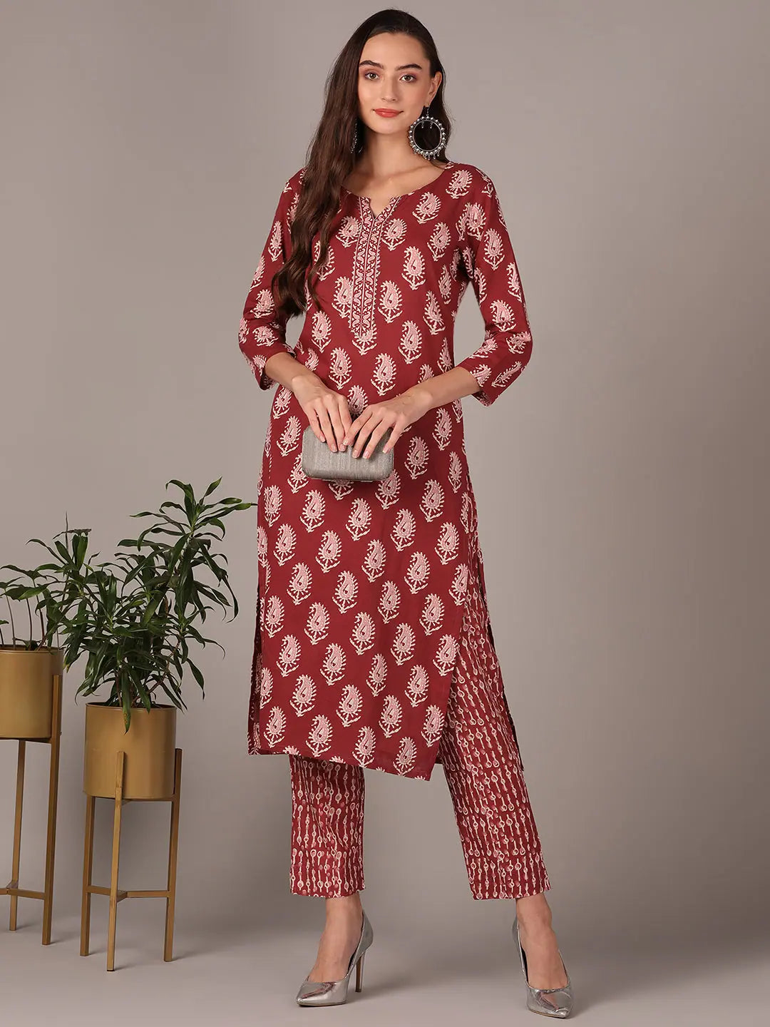 Ahika Women Mauve Cotton Blend Paisley Printed Straight Kurta With Trouser Trousers sophisticated sleek