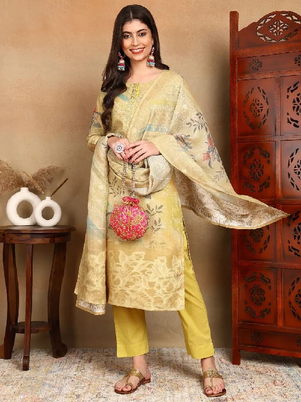 Yellow Linen Blend Floral Woven Design Straight Kurta Trouser With Dupatta High Waist Slim Fit Ankle Length