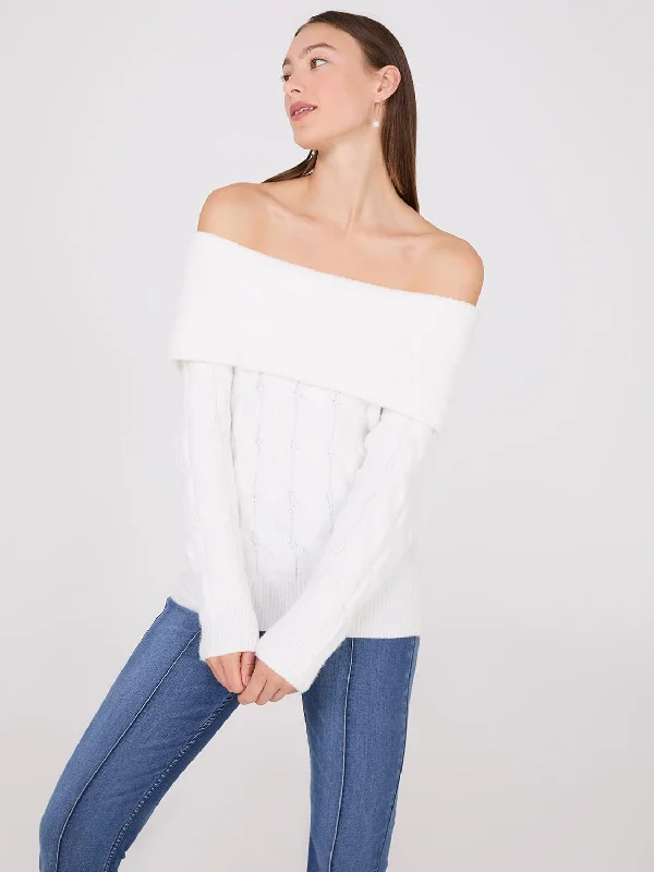 Off-The-Shoulder Cable Knit Sweater Elasticated Padded Insulated