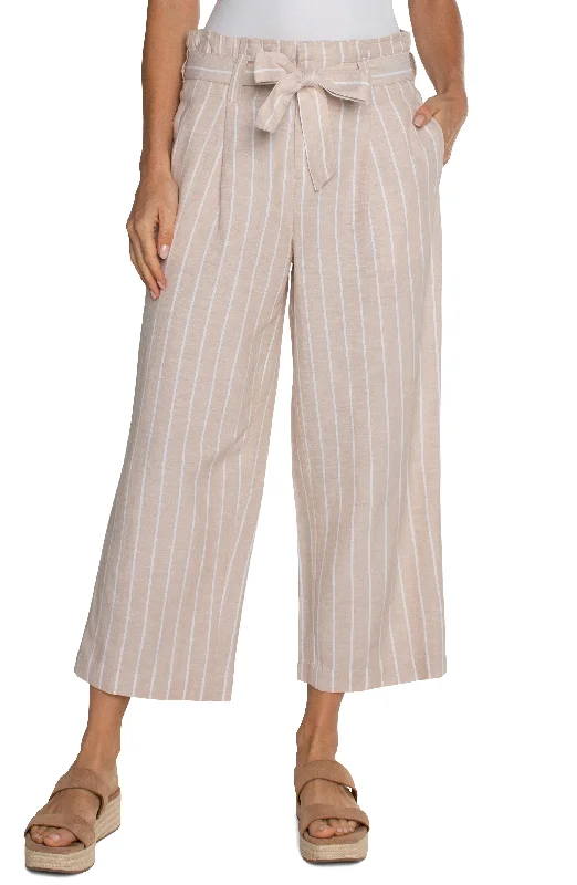 PLEATED CROP TROUSER W/SELF BELT - TAN STRIPE Trousers Running Lightweight