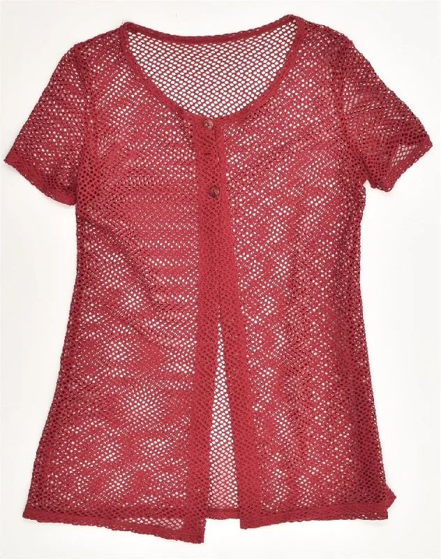 VINTAGE Womens See Through Short Sleeve Cardigan Top UK 12 Medium Burgundy Stylish Fashionable Trendy VINTAGE Womens See Through Short Sleeve Cardigan Top UK 12 Medium Burgundy Stylish Fashionable Trendy