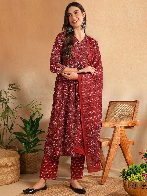 Red Rayon Blend Floral Printed A-Line Kurta Trouser With Dupatta Trousers Office Stylish