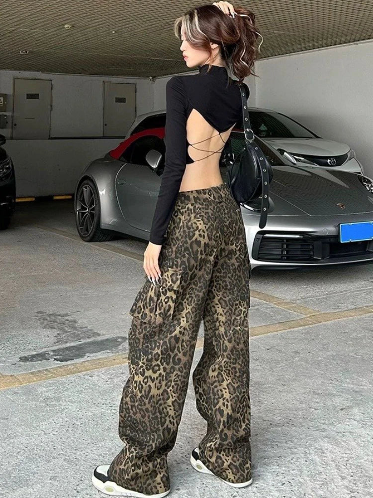 Advbridge Leopard Print Pants Women Y2K High Waist Multiple Pockets Vintage Trousers Streetwear Hip Hop Loose Wide Leg Cargo Jeans Trousers Denim Blue