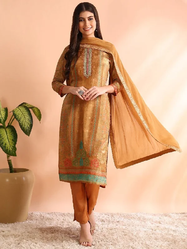 Khaki Silk Blend Geometric Woven Design Straight Kurta Trouser With Dupatta Trousers sophisticated sleek