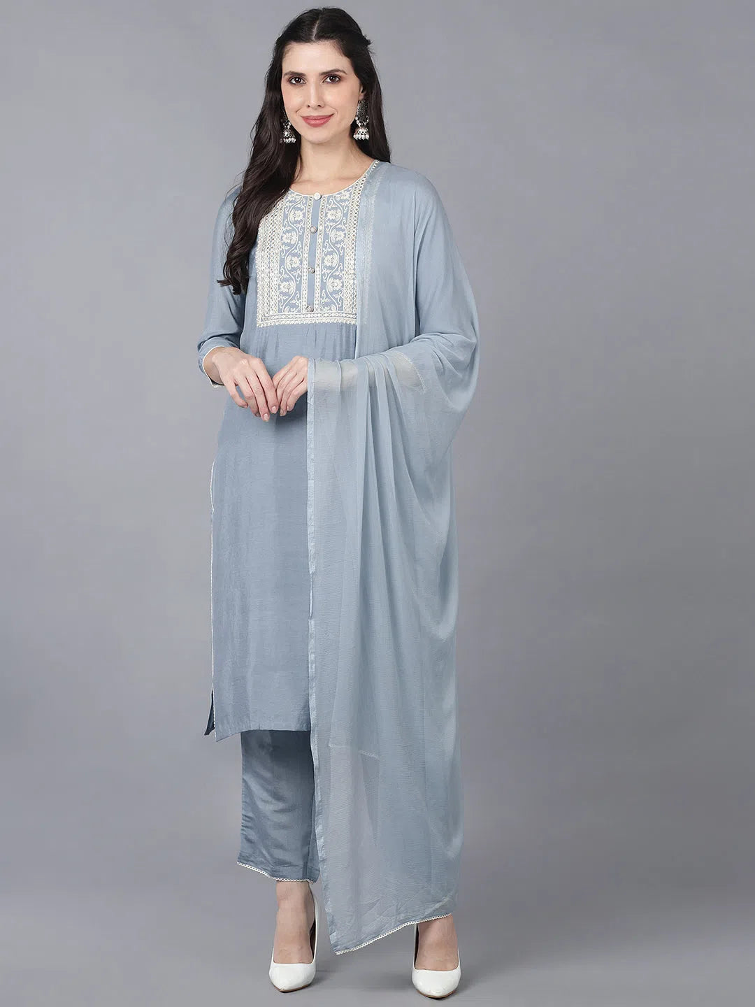 Ahika Women Grey Poly Silk Kurta Trousers With Dupatta Pkskd1116 Trousers Gym Athletic