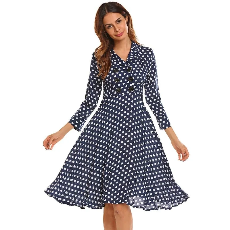 Vintage Dress Women Autumn 50s 60s Elegant Polka Dot V-Neck 3/4 Sleeve Button Ruffles A-Line Party Dresses Vestidos Robe Tunics Favorite customer Vintage Dress Women Autumn 50s 60s Elegant Polka Dot V-Neck 3/4 Sleeve Button Ruffles A-Line Party Dresses Vestidos Robe Tunics Favorite customer