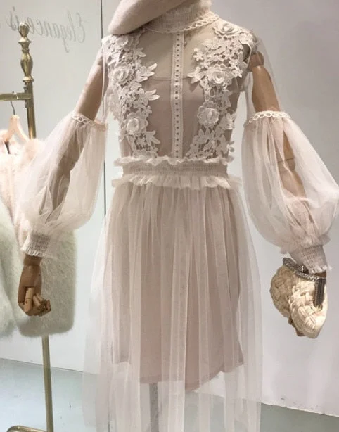 2022 Spring New Lace Dress Lantern Sleeve High Waist Slim Perspective Gauze Women Sexy Vestidos Party Dress Tunics Summer linen 2022 Spring New Lace Dress Lantern Sleeve High Waist Slim Perspective Gauze Women Sexy Vestidos Party Dress Tunics Summer linen