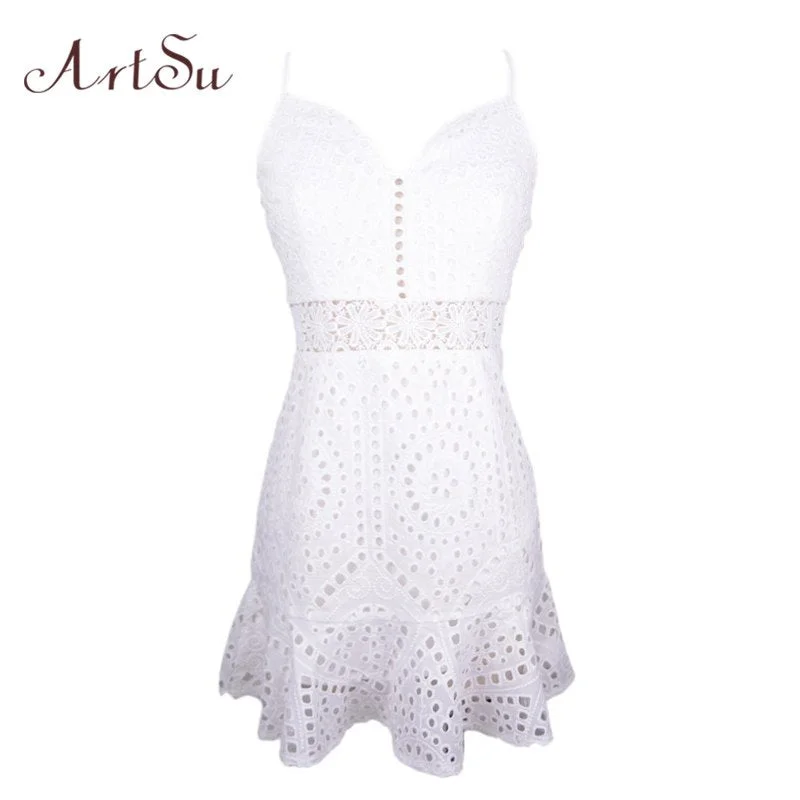 ArrSu Sexy Lace Strap Sleeveless Short A-Line Dress Women Deep V Neck Ruffle Robe Hollow Out Party Dresses Vestidos ASDR30468 Tunics Office stylish ArrSu Sexy Lace Strap Sleeveless Short A-Line Dress Women Deep V Neck Ruffle Robe Hollow Out Party Dresses Vestidos ASDR30468 Tunics Office stylish