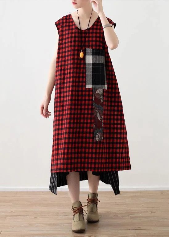 Art Red Plaid Cotton Linen Asymmetrical Design Patchwork Party Dresses Tunics Corduroy durable Art Red Plaid Cotton Linen Asymmetrical Design Patchwork Party Dresses Tunics Corduroy durable