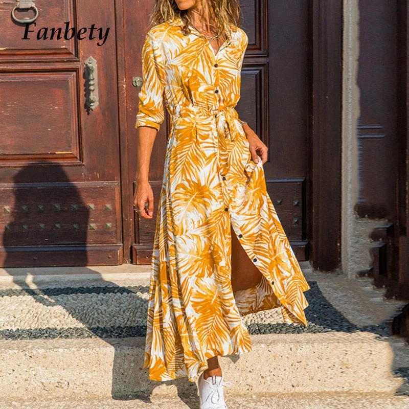 Autumn  V Neck Tie-Up Belt Party Dress Women Retro Print Single-Breasted Maxi Dress Casual Button Long Sleeve Shirt Dress Tunics Vintage classic