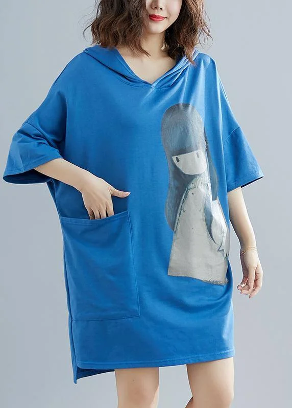 Beautiful Blue Appliques Cotton hooded Summer Party Dress Tunics Timeless classic