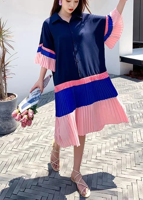 Casual Blue Pink Patchwork Summer Party Dress Tunics Versatile functional
