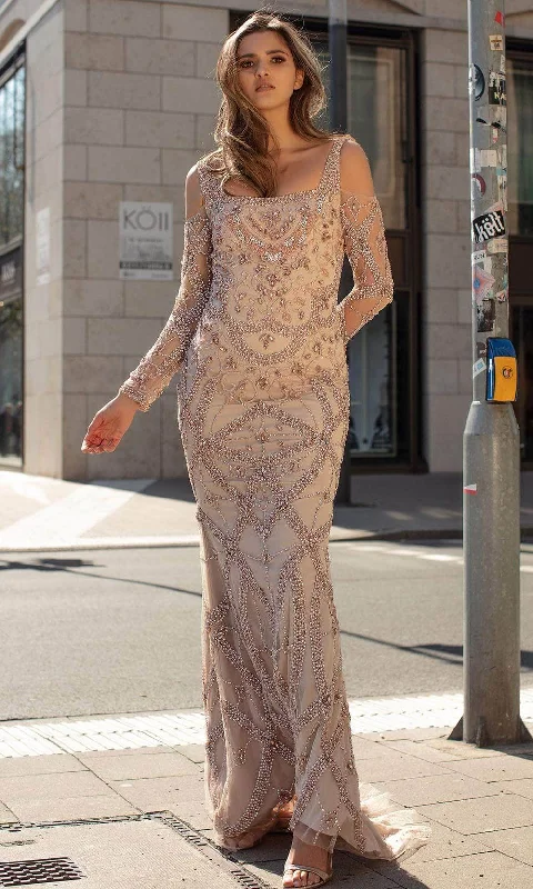 Chic and Holland HF1482 - Long Sleeve Beaded Evening Dress Tunics Velvet soft