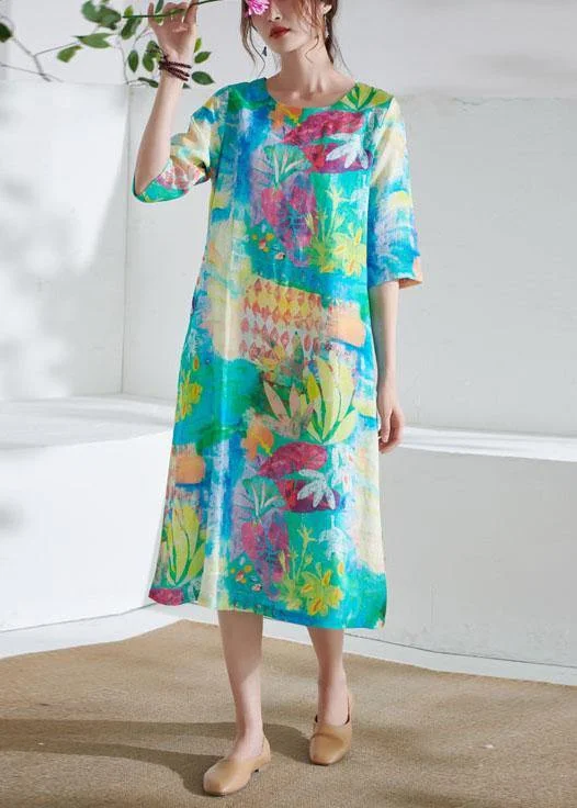 Comfy Blue O-Neck Patchwork Print Summer Ramie Party Dress Turtleneck Neckline Stylish Comfy Blue O-Neck Patchwork Print Summer Ramie Party Dress Turtleneck Neckline Stylish