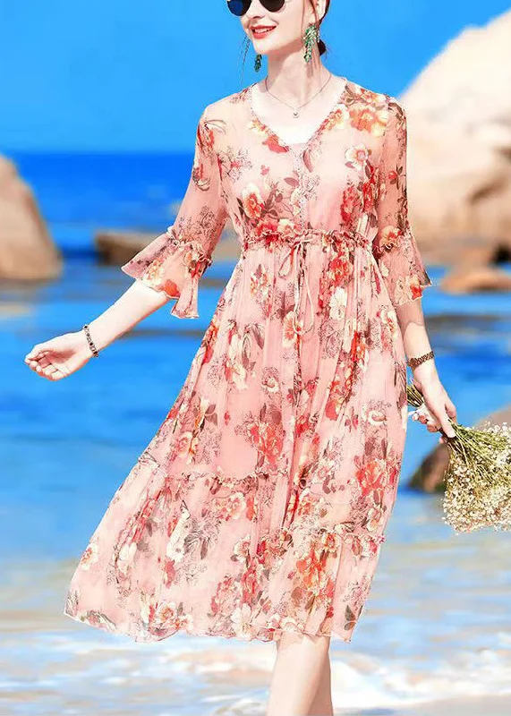 Fashion Pink V Neck Print Drawstring Chiffon Party Dress Flare Sleeve Bodycon Fitted Nightout