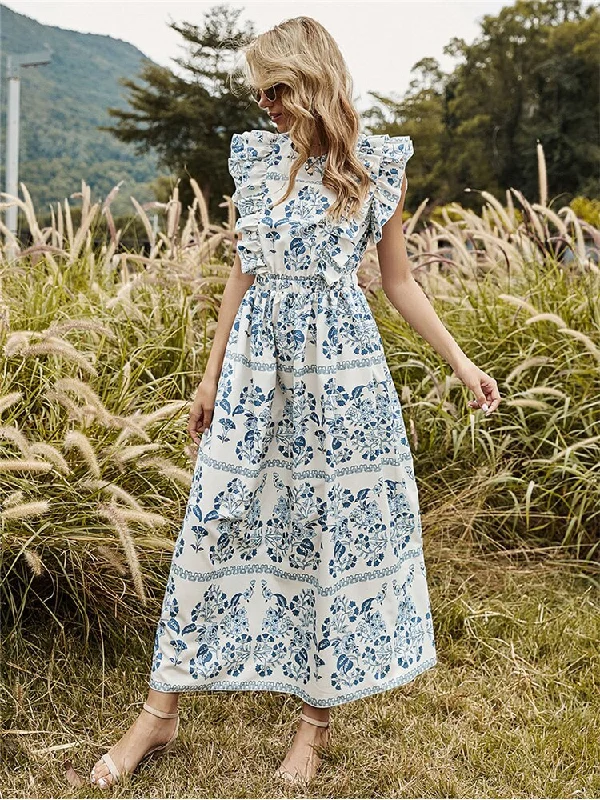 Floral Print Women Long Dress Sleeveless O Neck Backless Ruffles Robe Lady Elegant Swing Maxi Party Dresses 2022 Summer Vestidos Glittery Long Formal Floral Print Women Long Dress Sleeveless O Neck Backless Ruffles Robe Lady Elegant Swing Maxi Party Dresses 2022 Summer Vestidos Glittery Long Formal